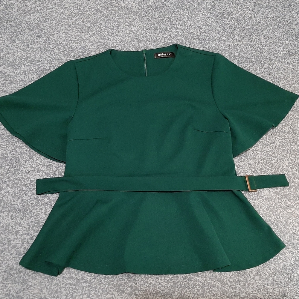ALLEGRA K Green Peplum Short Bell Sleeve w/ Belt Blouse Size L